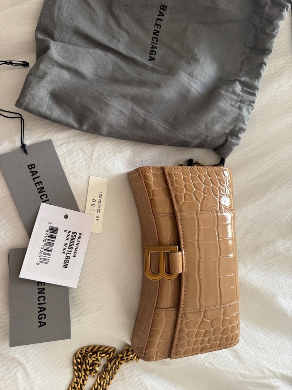 Balenciaga Tan Croc-Embossed Hourglass Chain Wallet
